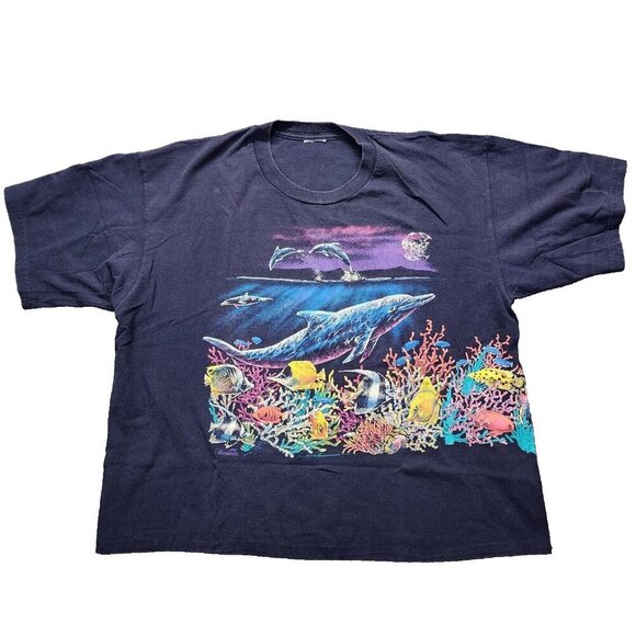 XL Cropped Vtg 90s Hazelwoods Dolphins Sea T-Shirt Made in USA Single Stitch - Picture 1 of 12